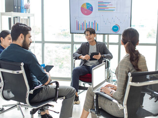 Millennial Indian Asian professional successful male female businessman businesswoman group in...