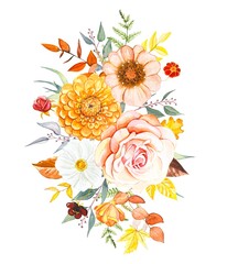 Watercolor flower bouquet ,  watercolor autumn flowers. Floral  composition .