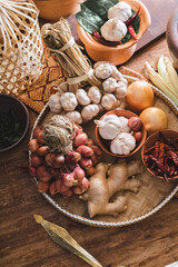 Various fresh vegetables and spices on wooden table, Thai food concept