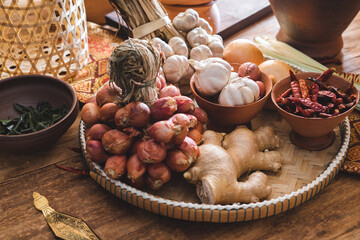 Various fresh vegetables and spices on wooden table, Thai food concept