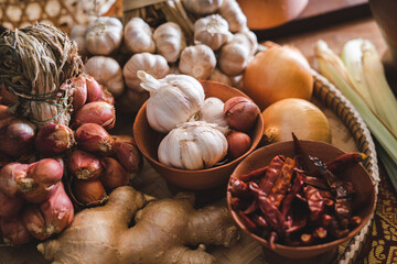 Various fresh vegetables and spices on wooden table, Thai food concept