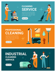 cleaning service banners. professional house workers vacuum cleaning tools. Vector horizontal banners for print design