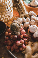 Various fresh vegetables and spices on wooden table, Thai food concept