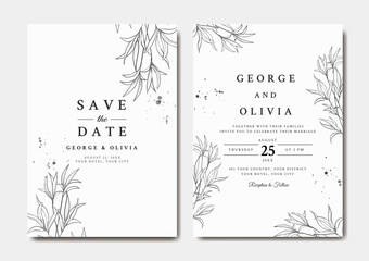 Obraz na płótnie Canvas Elegant wedding invitation template with line art leaves