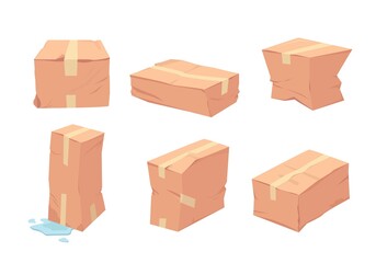 Damaged box. crush containers poor quality cardboard packages delivery problems. Vector pictures set isolated