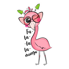 Cute pink flamingo celebrate christmas. Vector illustration.