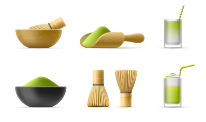 Icons of Japanese traditional matcha organic green tea powder. Vector 3D bamboo cooking set template. Cappuccino and latte with vegetable milk. Whisk for whisking, bowl, wooden utensils. Healthy drink