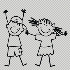 Two children, boy and girl, black outline, line art, transparent background, vector illustration