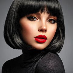 Beautiful brunette girl with red lips and black bob hairstyle. Pretty young woman with black hair....
