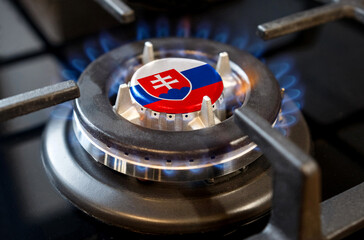 A burning gas burner of a home stove, in the middle of which a flag is depicted - Slovakia