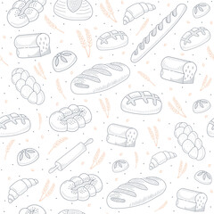 Seamless pattern for bakery shop, cafe, cupcake shop - packaging design wrapping paper with linear icons of bread