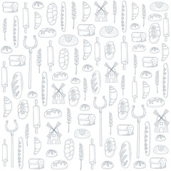 Seamless pattern for bakery shop, cafe, cupcake shop - packaging design wrapping paper with linear icons of bread and mill