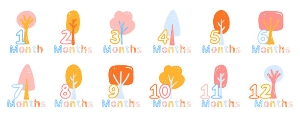Baby milestone cards with hand-drawn trees and numbers. Newborn 1 to 12 months anniversary cards set 