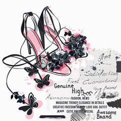Apparel fashion vector illustration with shoes, sandals with butterflies