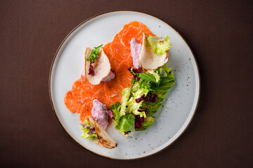 Japanese cuisine salmon sashimi close up