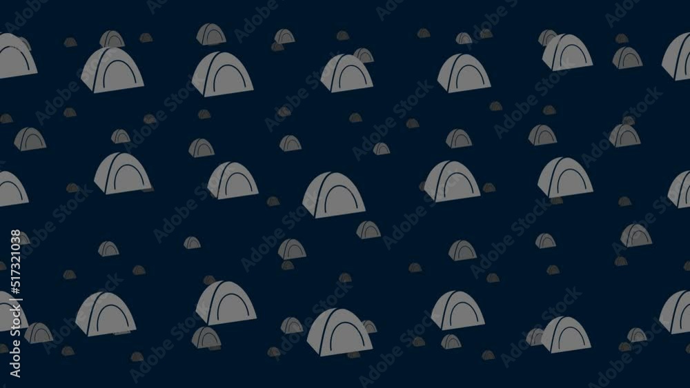 Poster Tourist tents float horizontally from left to right. Parallax fly effect. Floating symbols are located randomly. Seamless looped 4k animation on dark blue background