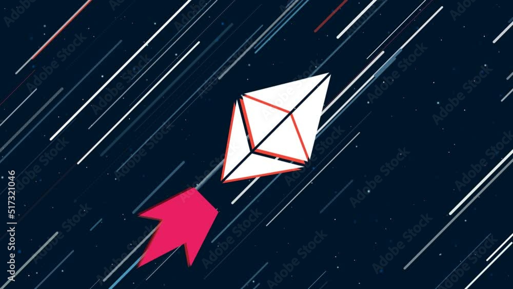 Poster ethereum symbol flies through the universe on a jet propulsion. the symbol in the center is shaking 