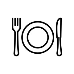 Dining Knife Plate Fork Silverware Sign. Dishware Cafe Food Lunch Flat Symbol. Restaurant Metal Cutlery for Dinner Line Pictogram. Fork Knife Plate Black Outline Icon. Isolated Vector Illustration