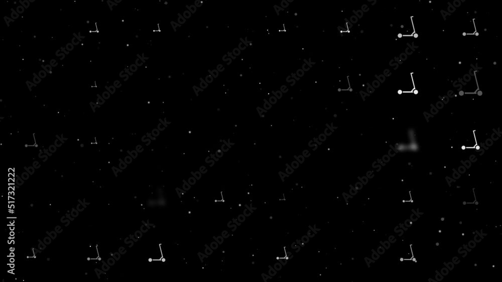 Poster template animation of evenly spaced kick scooter symbols of different sizes and opacity. animation o