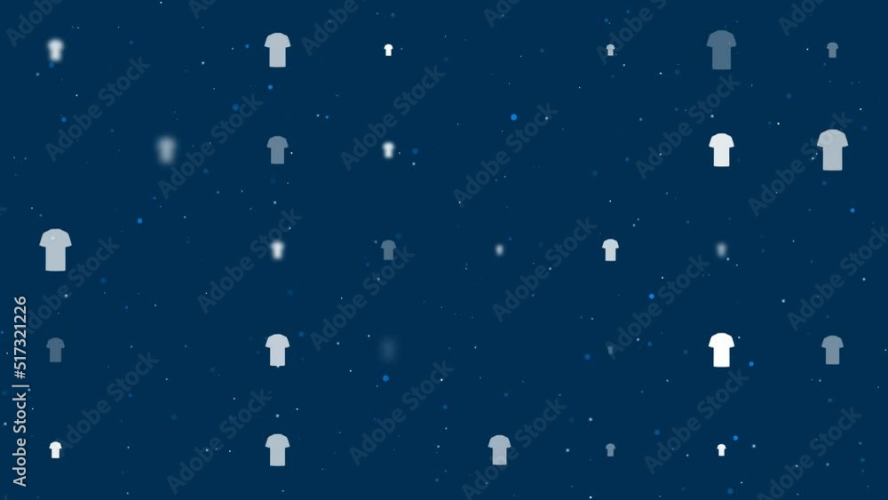 Poster Template animation of evenly spaced t-shirt symbols of different sizes and opacity. Animation of transparency and size. Seamless looped 4k animation on dark blue background with stars
