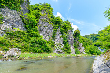 夏の鍋山三の宮の景田染耶馬 大分県豊後高田市　 Tashibu-Yaba of the Sannomiyanokei in Nabeyama in the summer. Ooita-ken Bungotakata city.