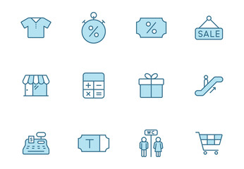 shopping mall line filled icons in two colors isolated on white background. shopping mall blue icon set for web design, ui, mobile apps, print polygraphy and promo business