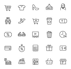 shopping mall outline icons isolated on white background. shopping mall line icons for web and ui design, mobile apps, print polygraphy and promo advertising business