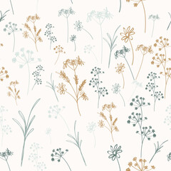 Cute vector pattern with herbs and flowers in hand drawn style