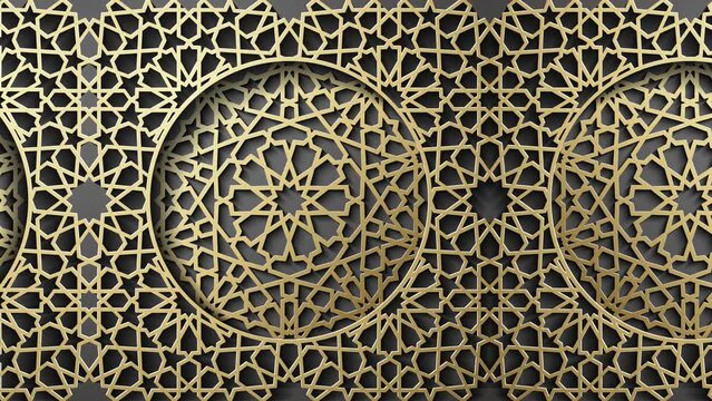 Gold islamic ornament seamless animation. Light 3d ramadan islamic pattern. Geometric ornament sliding seamless 4k animation.