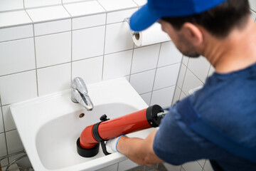 Plumber Cleaning Drain And Bathroom Sink