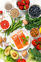 Healthy food. Healthy eating background. Salmon, fruit, vegetable and  berry. Superfood