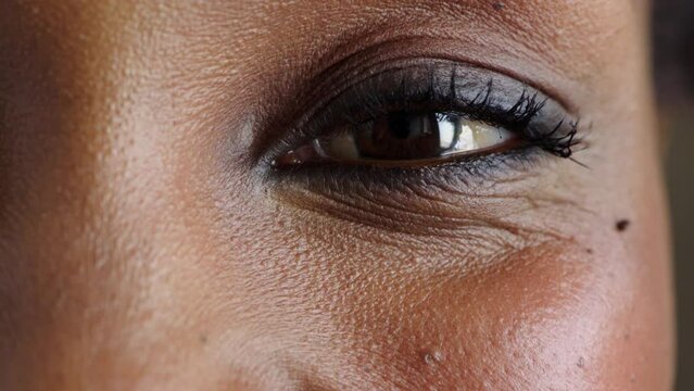 Eye closeup of a woman with dark makeup and skin. Face portrait of a young african female with black eyes blinking and staring. Vision exam for a person looking for lenses to improve eyesight