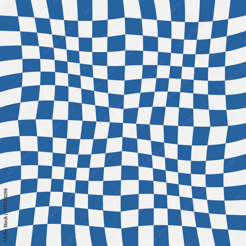 Poster Checkered blue-white pattern. Wavy and curved checkerboard pattern. Print and decoration. Chess seamless vector.