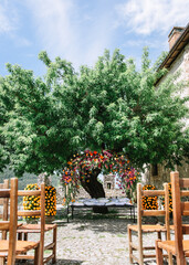 Obraz premium Wrought iron arch in an Italian garden with a bench and white cushions. The arch is entwined with bright multi-colored flowers, in the background, there is a large tree, tangerine trees on the sides.