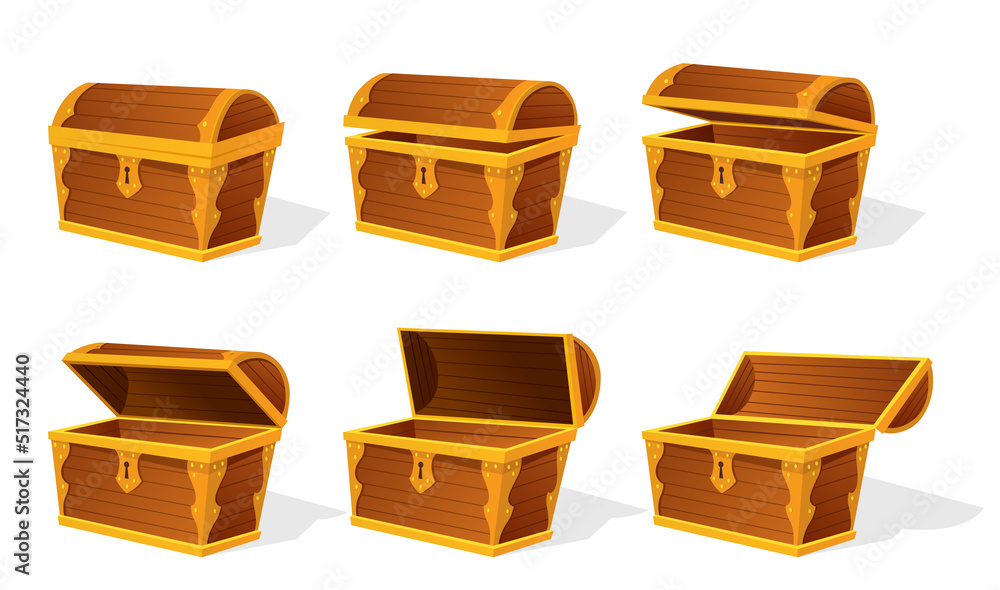 Wall mural chest animation. empty old wooden chest for gold treasure set. cartoon ancient container for pirates