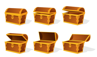 Chest animation. Empty old wooden chest for gold treasure set. Cartoon ancient container for pirates isolated vector icon on white. Game wooden antique box for treasure