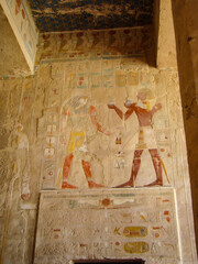 Ancient frescoes in the temple of Pharaoh Hatshepsut, Luxor, Egypt