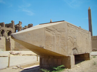 Close-up of a stone obelisk in the ancient temple of the Pharaohs Karnak, Luxor, Egypt. Obelisk is...