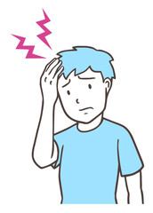 ズキズキする頭痛、偏頭痛、片手を頭に当てる男性、シンプルな色