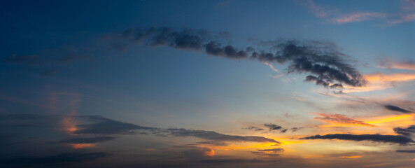 Panorama photo of orange sunset sky background