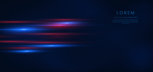 Abstract technology futuristic glowing blue and red  light lines with speed motion blur effect on dark blue background.
