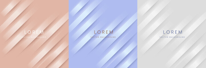 Set of abstract 3d pink gold, light blue and grey, stripe lines diagonal texture background.