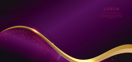 Abstract 3d gold curved ribbon on violet background with lighting effect and sparkle with copy space for text. Luxury design style.
