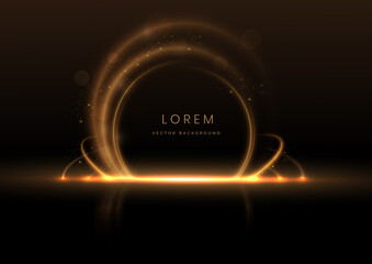 Abstract luxury golden circle glowing lines curved overlapping on black background with lighting effect sparkle. Template premium award design.