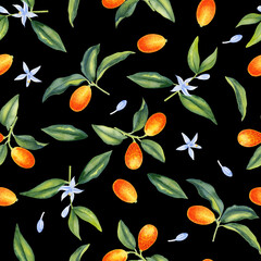 Kumquat branches with flowers watercolor seamless pattern. Citrus orange fruits and leaves endless background. Tropical tree hand drawn ornament. For textiles and packaging paper.