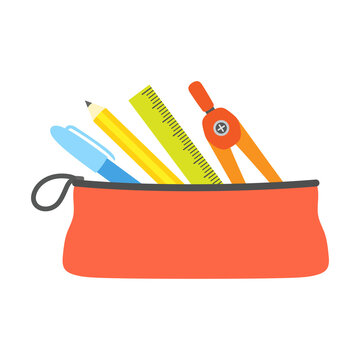 school pencil case with stationery isolated on white