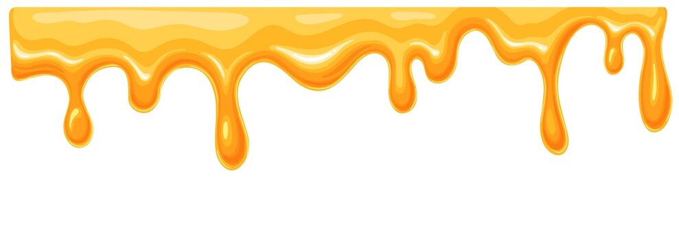 Liquid Bee Honey Drops Drip From Border, Yellow Syrup, Amber Oil And Sweet Caramel Sauce