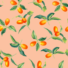 Kumquat branches watercolor seamless pattern. Citrus orange fruits and leaves endless background. Tropical tree hand drawn ornament. For textiles and packaging paper.