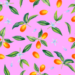 Kumquat branches with flowers watercolor seamless pattern. Citrus orange fruits and leaves endless background. Tropical tree hand drawn ornament. For textiles and packaging paper.	