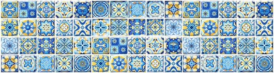 Azulejo tegels, blauw en geel vierkant patroon, Portugees en Spaans keramisch tegelwerk